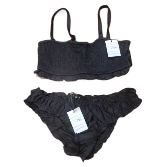 Pour Moi Black Free Spirit Strapless Underwired Top/Frill Swimsuit Bikini L/34D - Picture 1 of 3